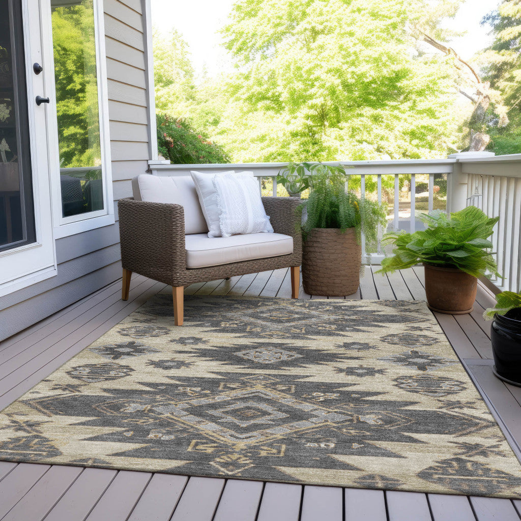 5ftx8ft Beige and Gray Tribal Washable Indoor Outdoor Rug
