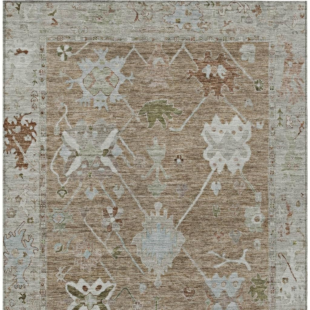 Brown Gray Tribal Washable Indoor Outdoor Area Rug 3x5 Ft Rectangle Shaped Heavy Duty Polyester High Traffic Rug