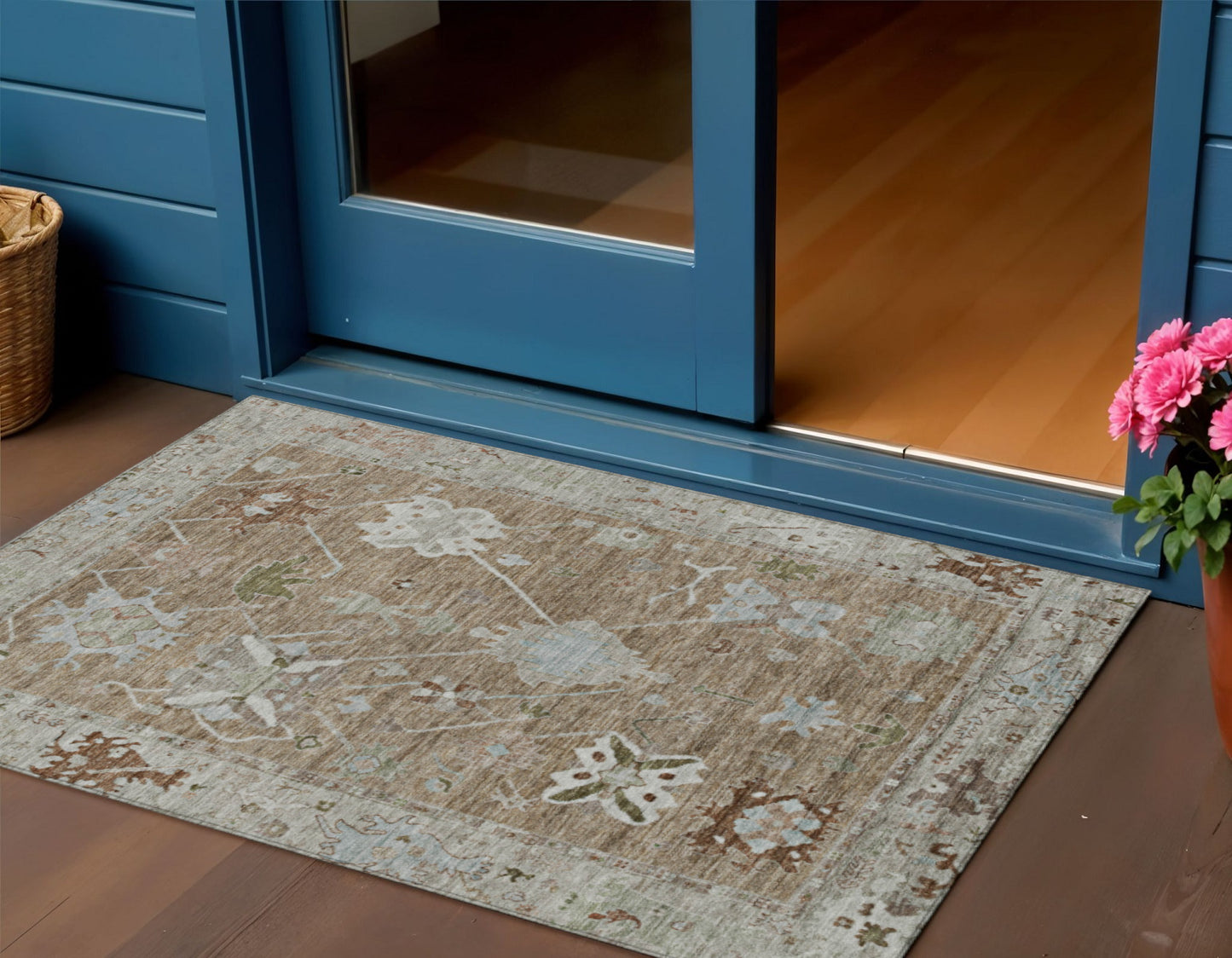 Brown Gray Tribal Washable Indoor Outdoor Area Rug 3x5 Ft Rectangle Shaped Heavy Duty Polyester High Traffic Rug