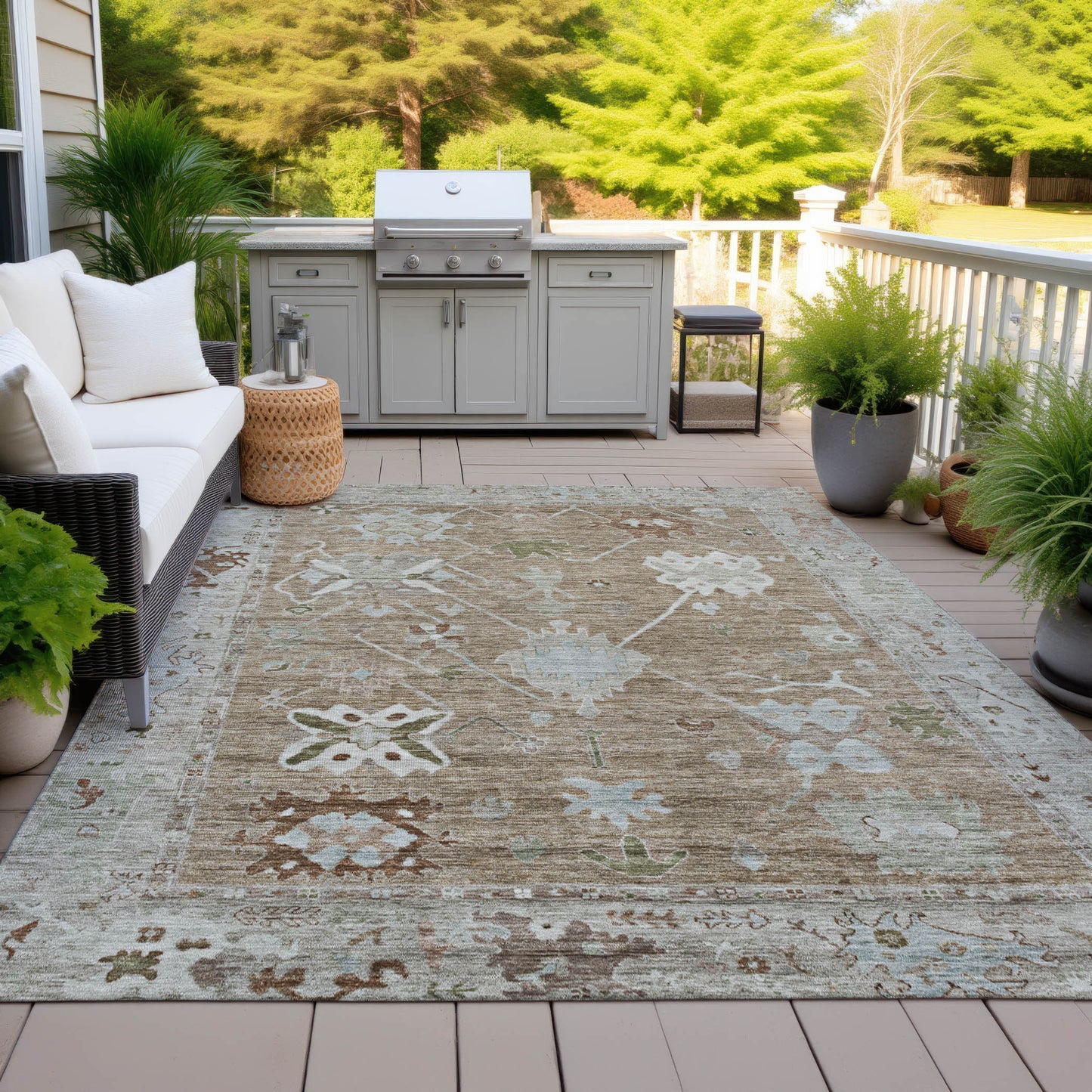 Brown Gray Tribal Washable Indoor Outdoor Area Rug 3x5 Ft Rectangle Shaped Heavy Duty Polyester High Traffic Rug