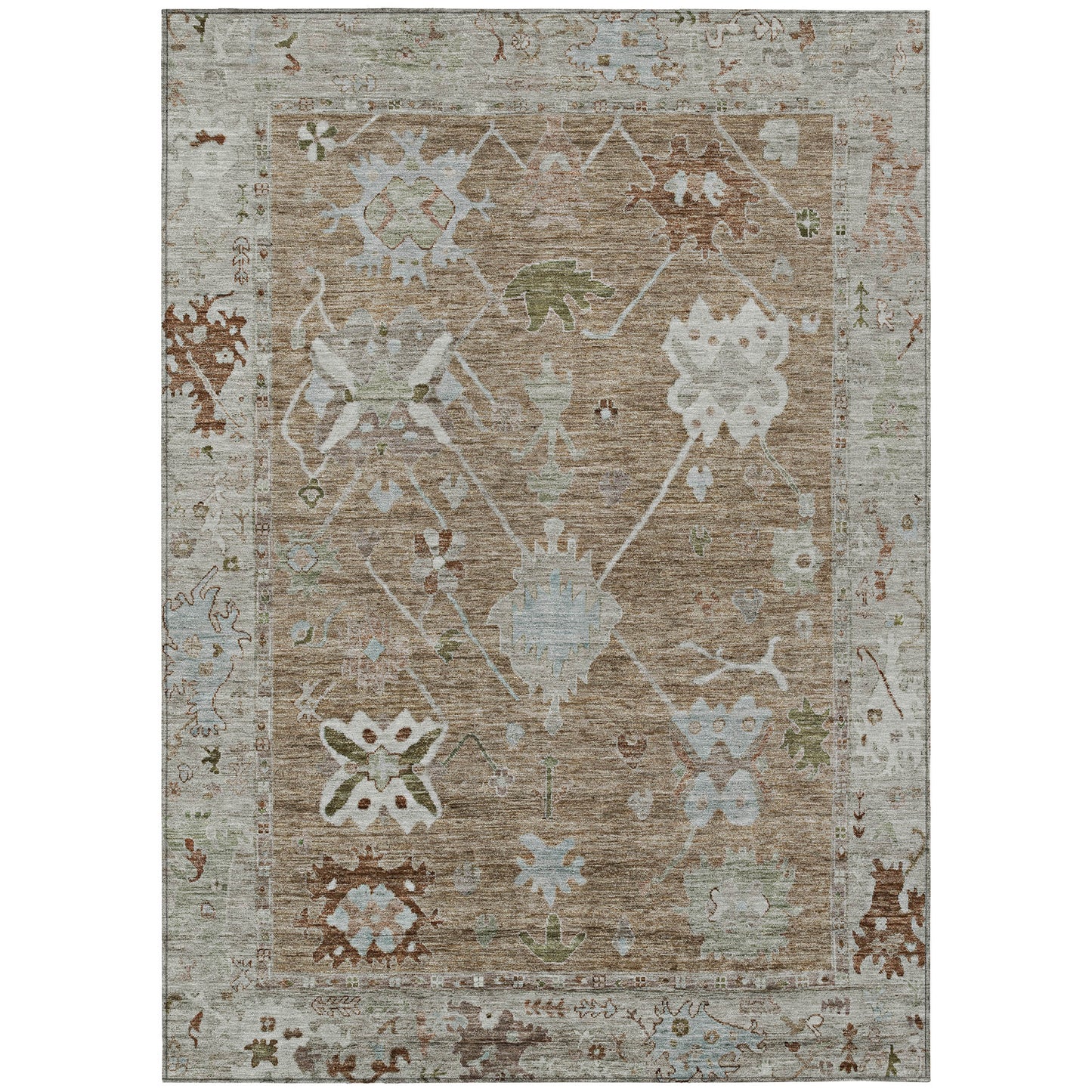 Brown Gray Tribal Washable Indoor Outdoor Area Rug 3x5 Ft Rectangle Shaped Heavy Duty Polyester High Traffic Rug