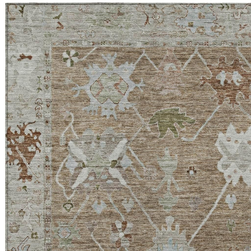 Brown Gray Tribal Washable Indoor Outdoor Area Rug 3x5 Ft Rectangle Shaped Heavy Duty Polyester High Traffic Rug