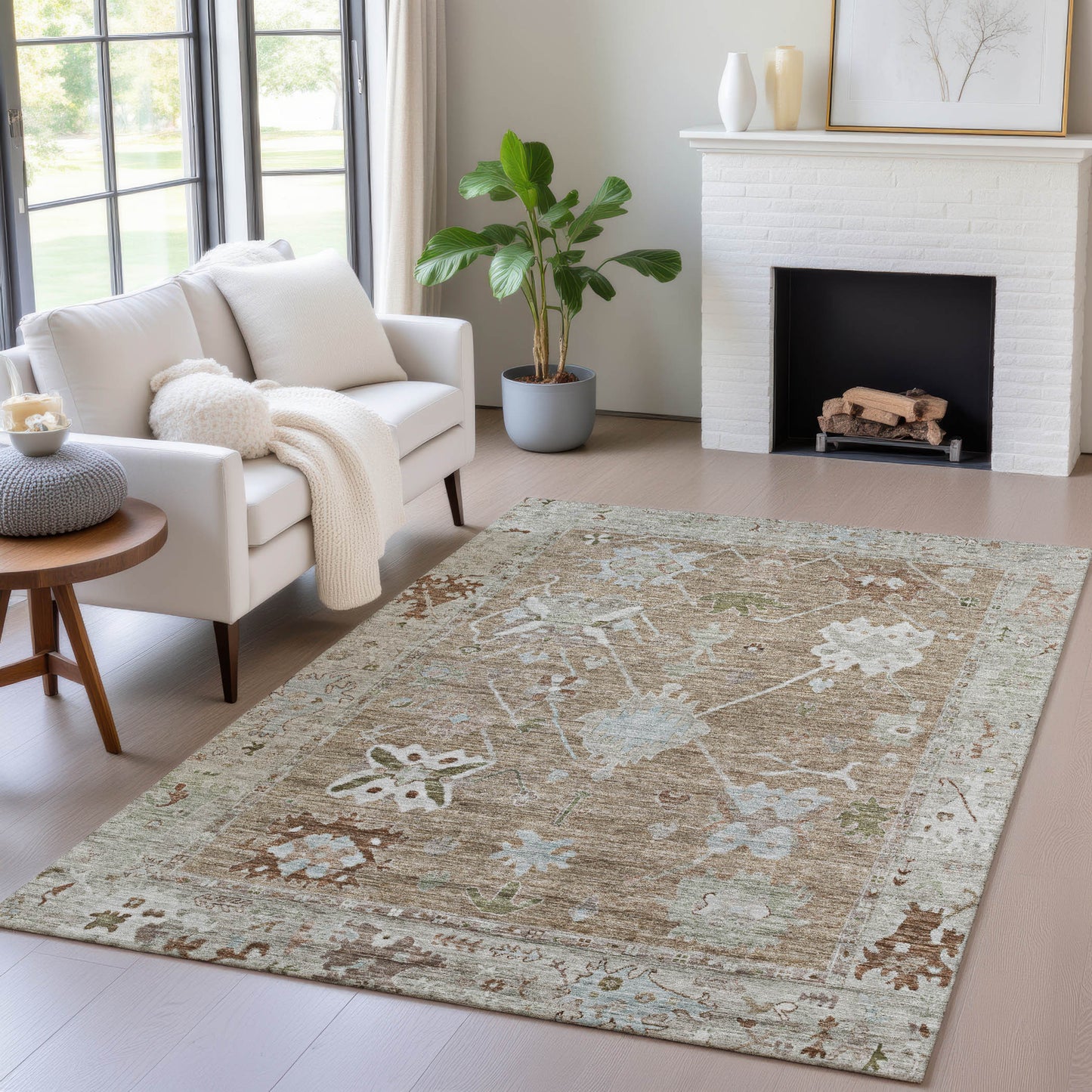 Brown Gray Tribal Washable Indoor Outdoor Area Rug 3x5 Ft Rectangle Shaped Heavy Duty Polyester High Traffic Rug