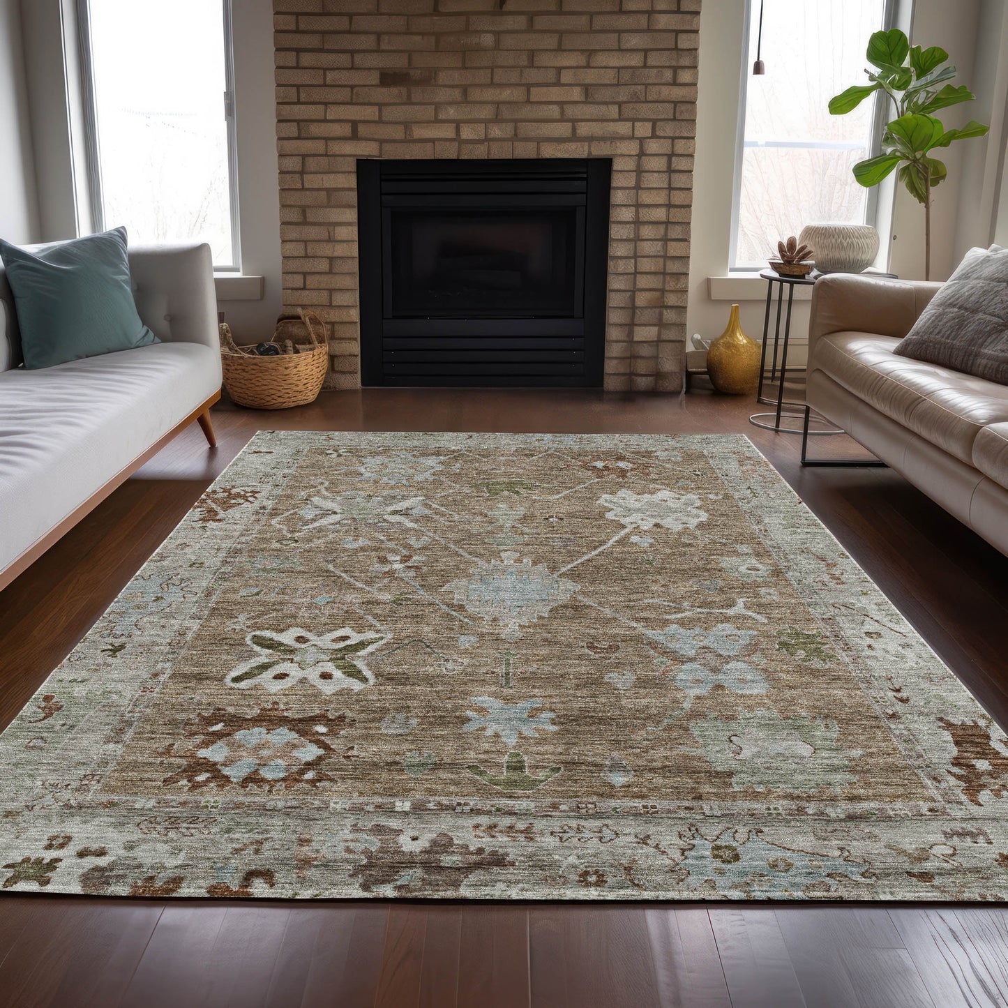 Brown Gray Tribal Washable Indoor Outdoor Area Rug 3x5 Ft Rectangle Shaped Heavy Duty Polyester High Traffic Rug