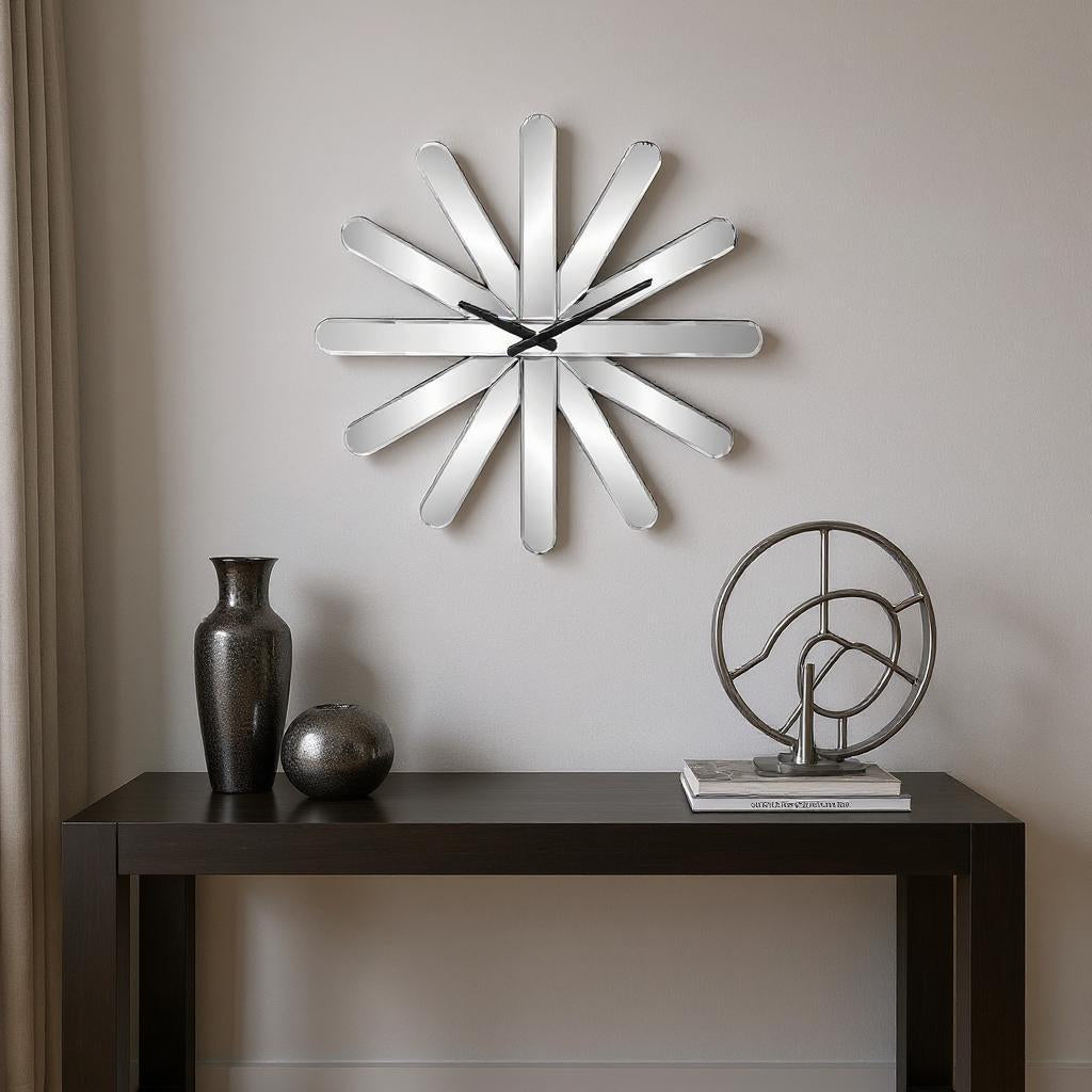 26" Silver Mirrored Glass Silent Analog Starburst Wall Clock-1