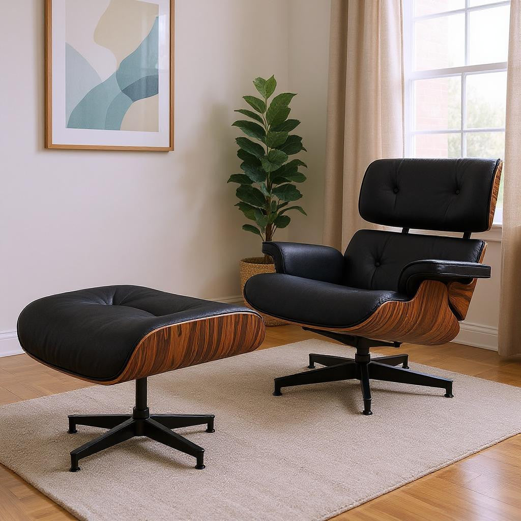 Black Rosewood Tufted Leather Lounge Chair With Ottoman, Mid Century Modern