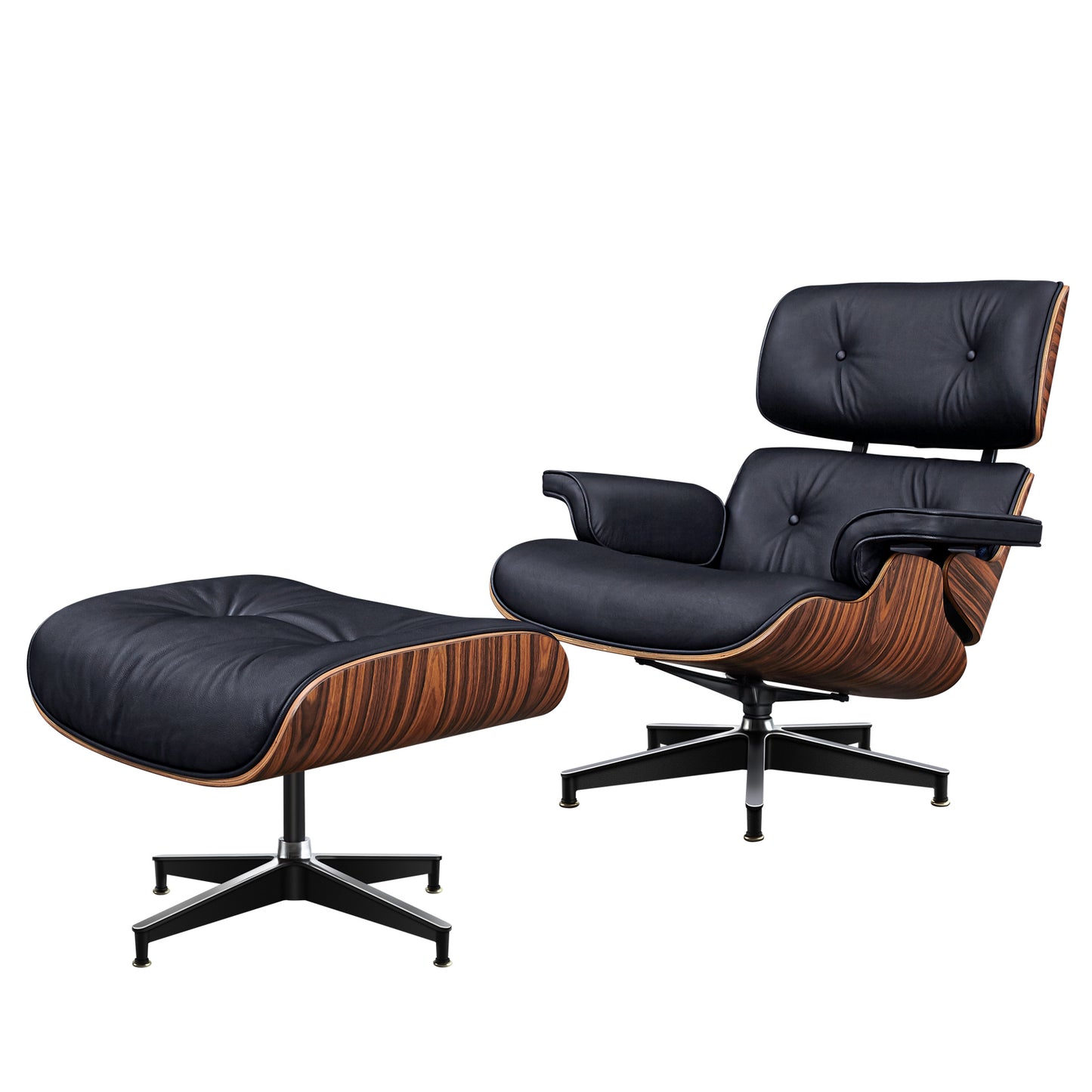 Black Rosewood Tufted Leather Lounge Chair With Ottoman, Mid Century Modern