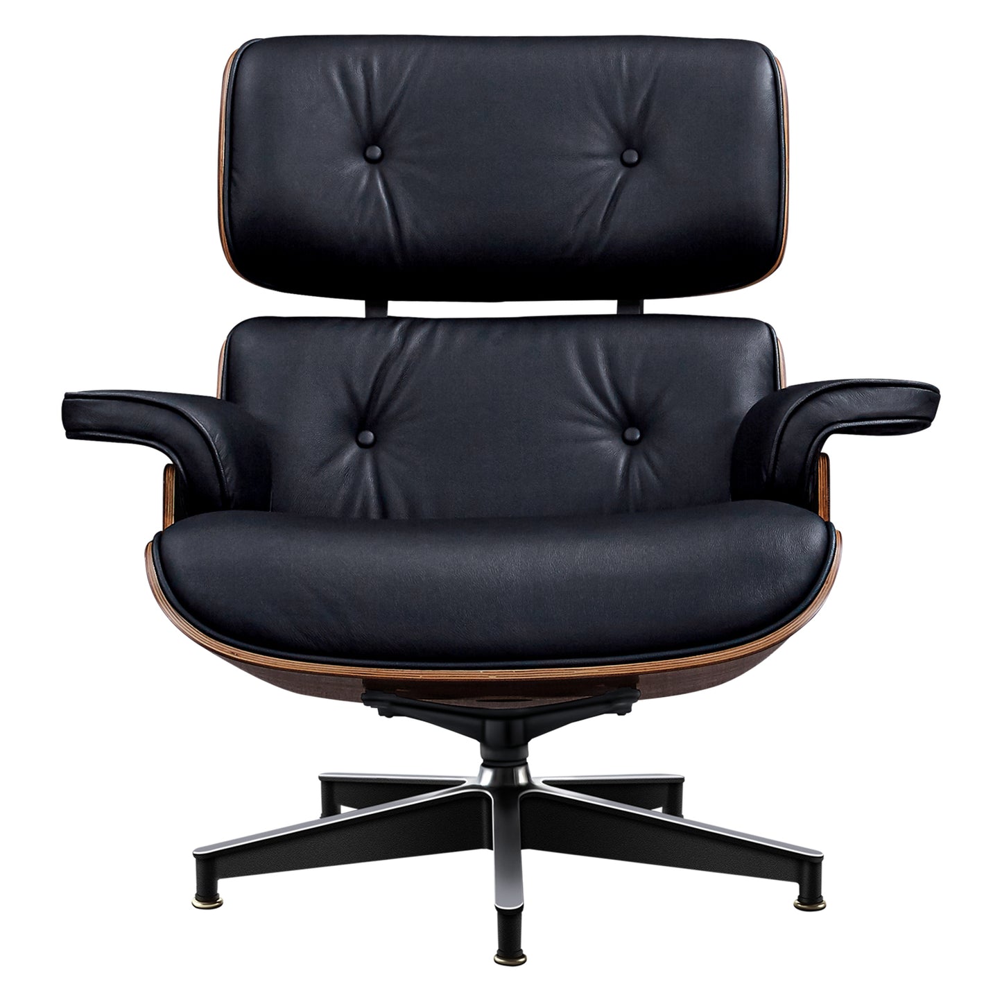 Black Rosewood Tufted Leather Lounge Chair With Ottoman, Mid Century Modern
