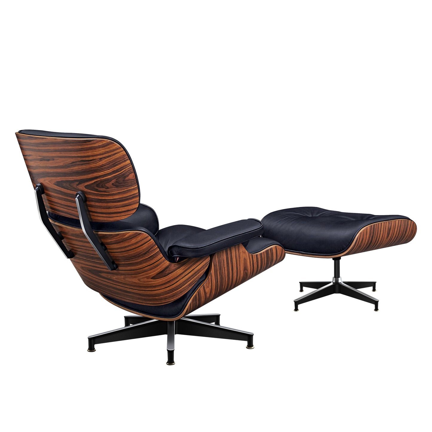 Black Rosewood Tufted Leather Lounge Chair With Ottoman, Mid Century Modern