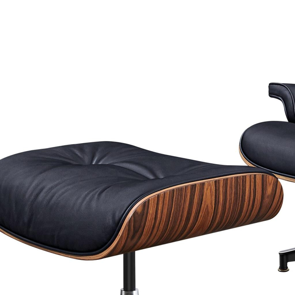 Black Rosewood Tufted Leather Lounge Chair With Ottoman, Mid Century Modern