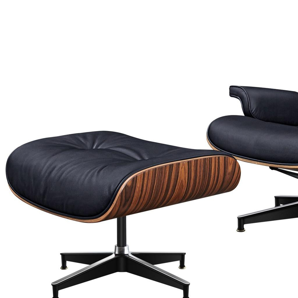 Black Rosewood Tufted Leather Lounge Chair With Ottoman, Mid Century Modern