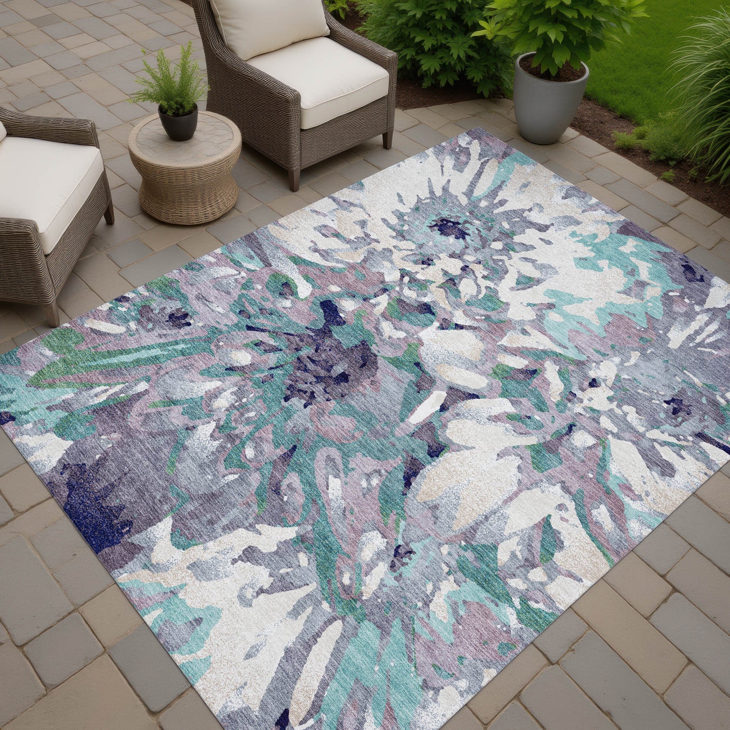 9x12 Lavender Gray Floral Indoor Outdoor Washable Area Rug
