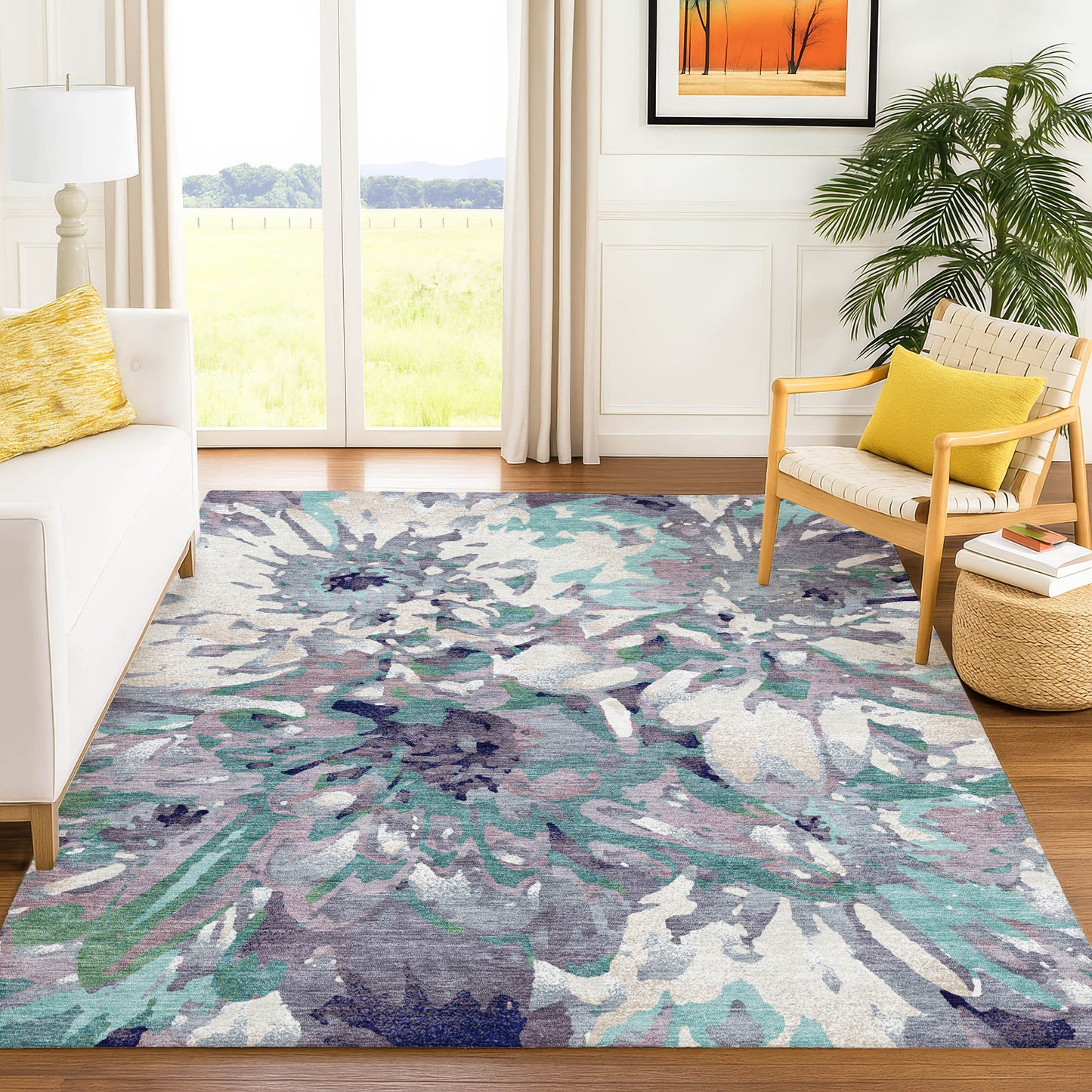 9x12 Lavender Gray Floral Indoor Outdoor Washable Area Rug