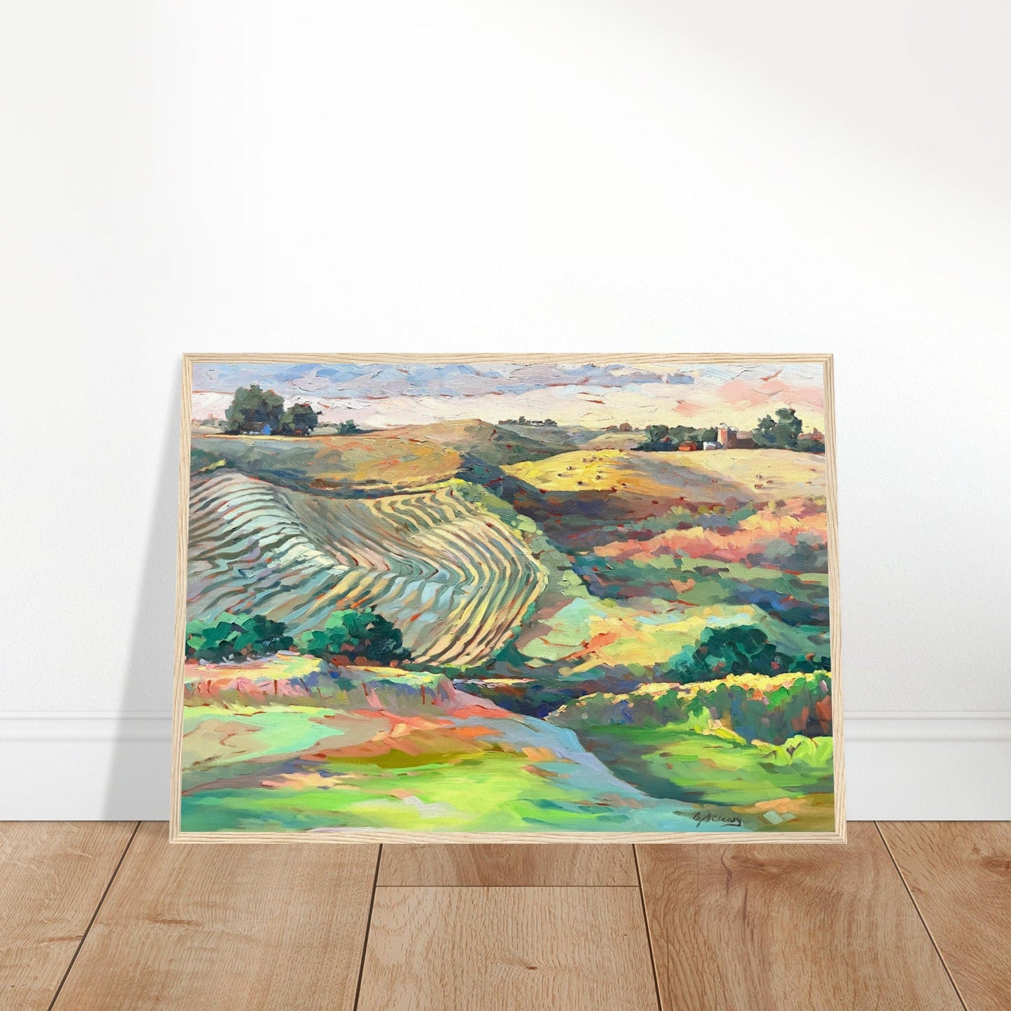 "Golden Sunset Over Rolling Hills" Landscape | 20x28 inch Wooden Framed Art Print | Original Artwork by American Artist Barbara Cleary