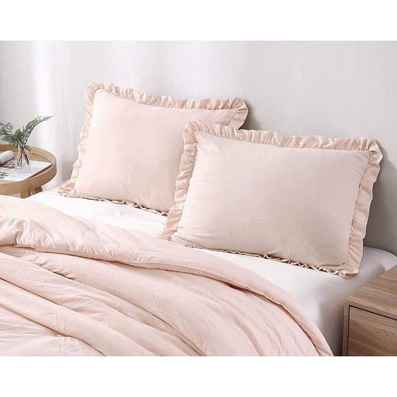 Queen Oversized Pink Ruffled Edge Microfiber Comforter Set-1