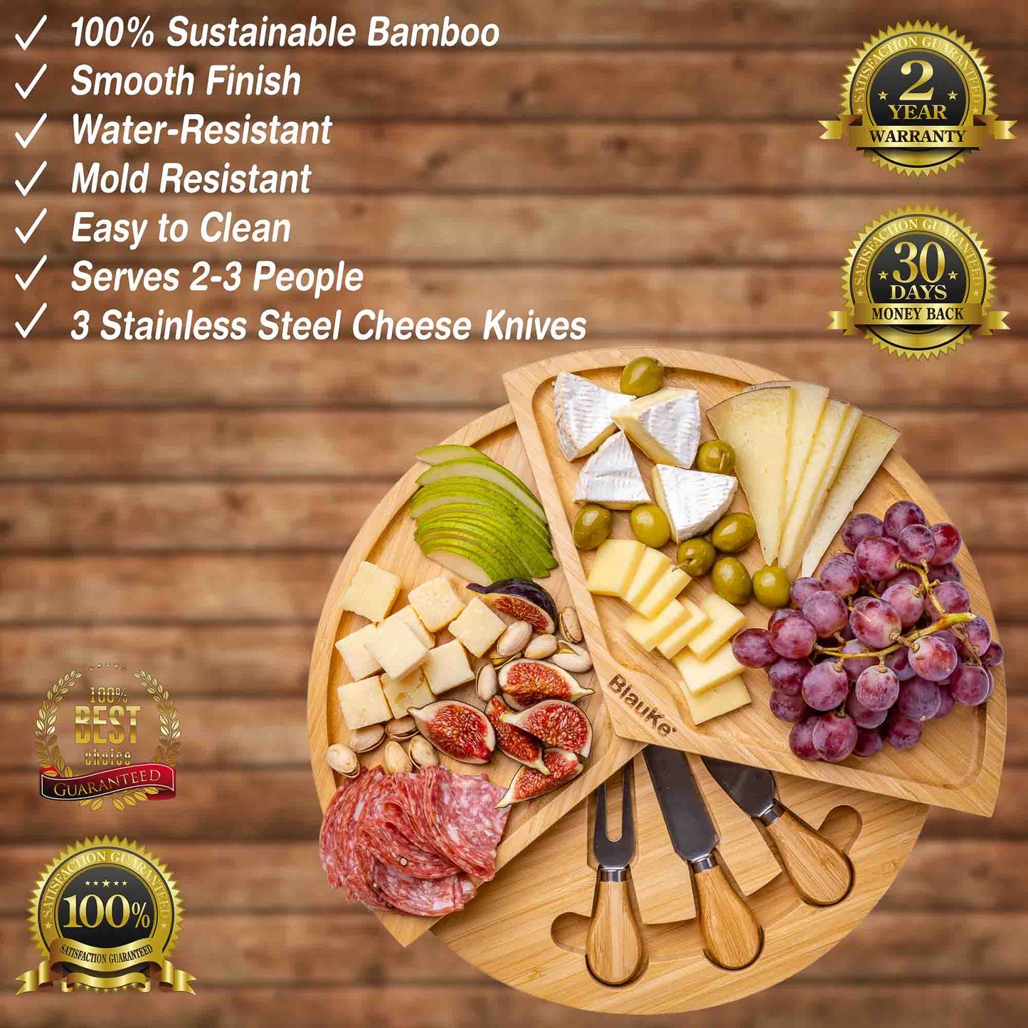 Bamboo Cheese Board Set - Swiveling 14 Inch Charcuterie Board with Slide-Out Drawer and Cheese Knives.-1