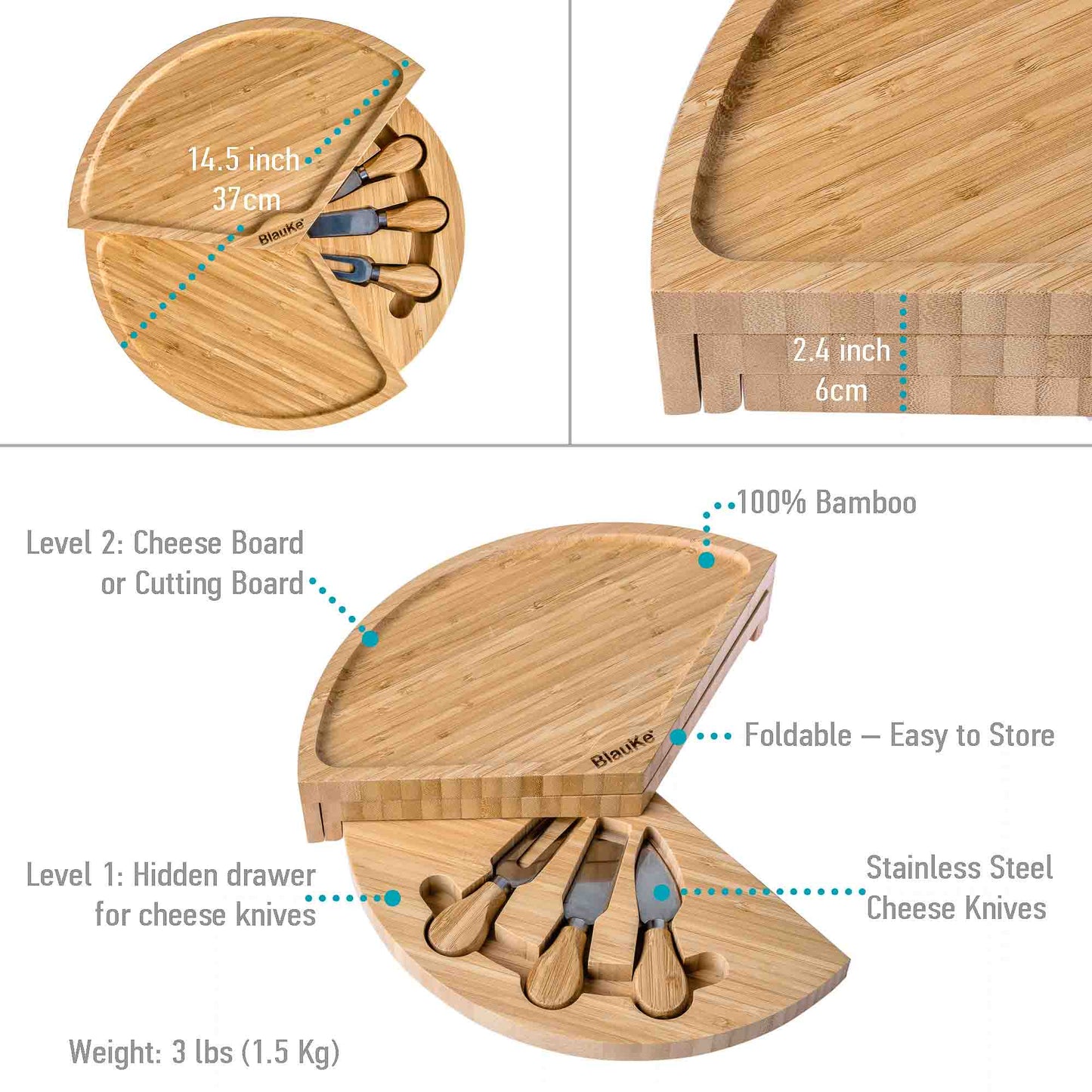 Bamboo Cheese Board Set - Swiveling 14 Inch Charcuterie Board with Slide-Out Drawer and Cheese Knives.-2