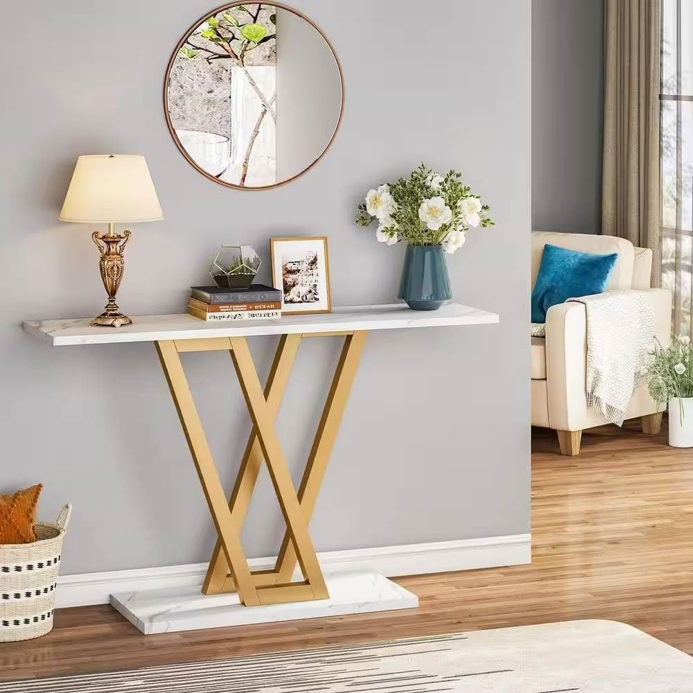 Modern Industrial Console Table with Faux White Marble Top and Gold Frame-1