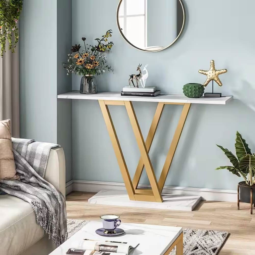 Modern Industrial Console Table with Faux White Marble Top and Gold Frame-2