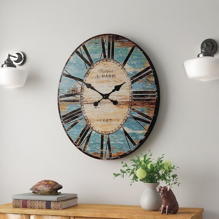 Turquoise Distressed Paris Wood Oversized Wall Clock with Roman Numerals-2