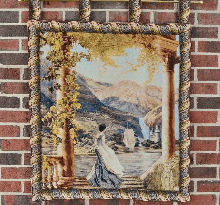 Coastal Mountain Range Textured Art 28x31 inches Wall Tapestry with Floral Border.-1