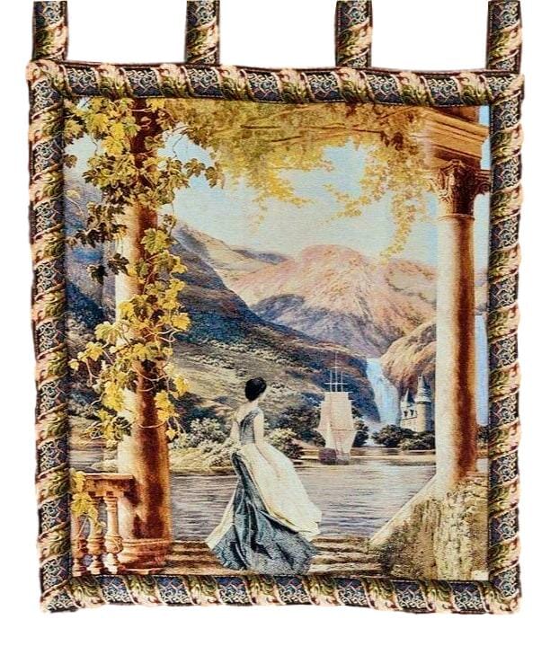 Coastal Mountain Range Textured Art 28x31 inches Wall Tapestry with Floral Border.-0