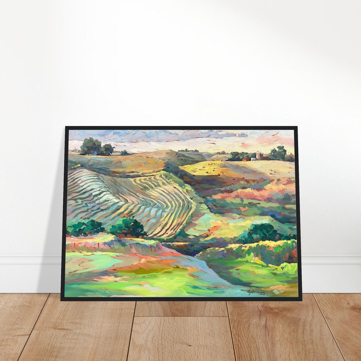 "Golden Sunset Over Rolling Hills" Landscape | 20x28 inch Wooden Framed Art Print | Original Artwork by American Artist Barbara Cleary