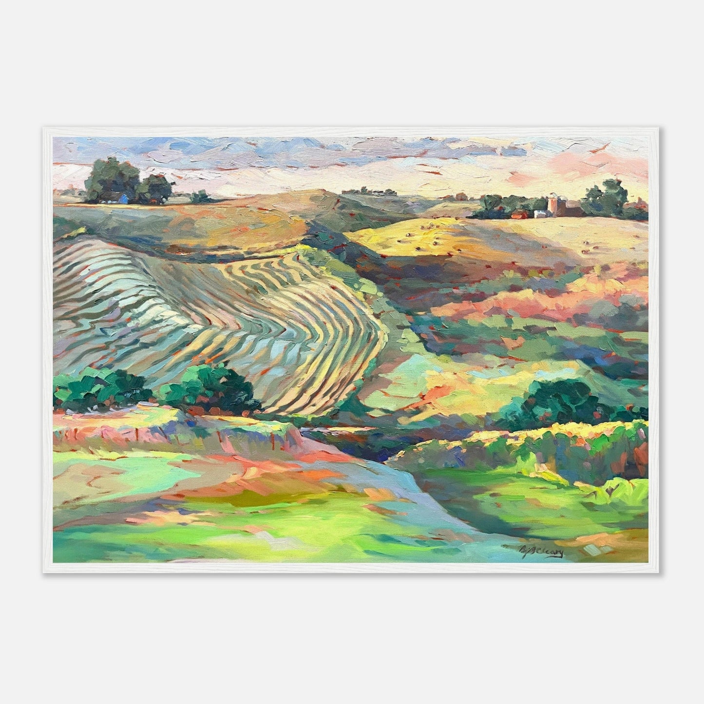 "Golden Sunset Over Rolling Hills" Landscape | 20x28 inch Wooden Framed Art Print | Original Artwork by American Artist Barbara Cleary