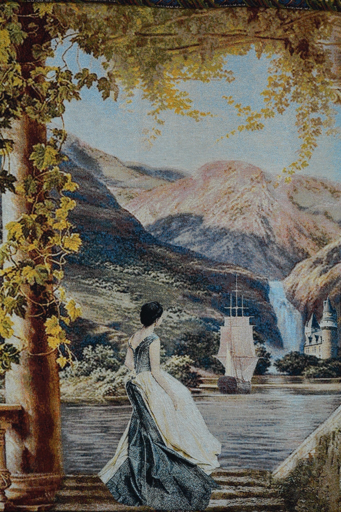 Coastal Mountain Range Textured Art 28x31 inches Wall Tapestry with Floral Border.-3