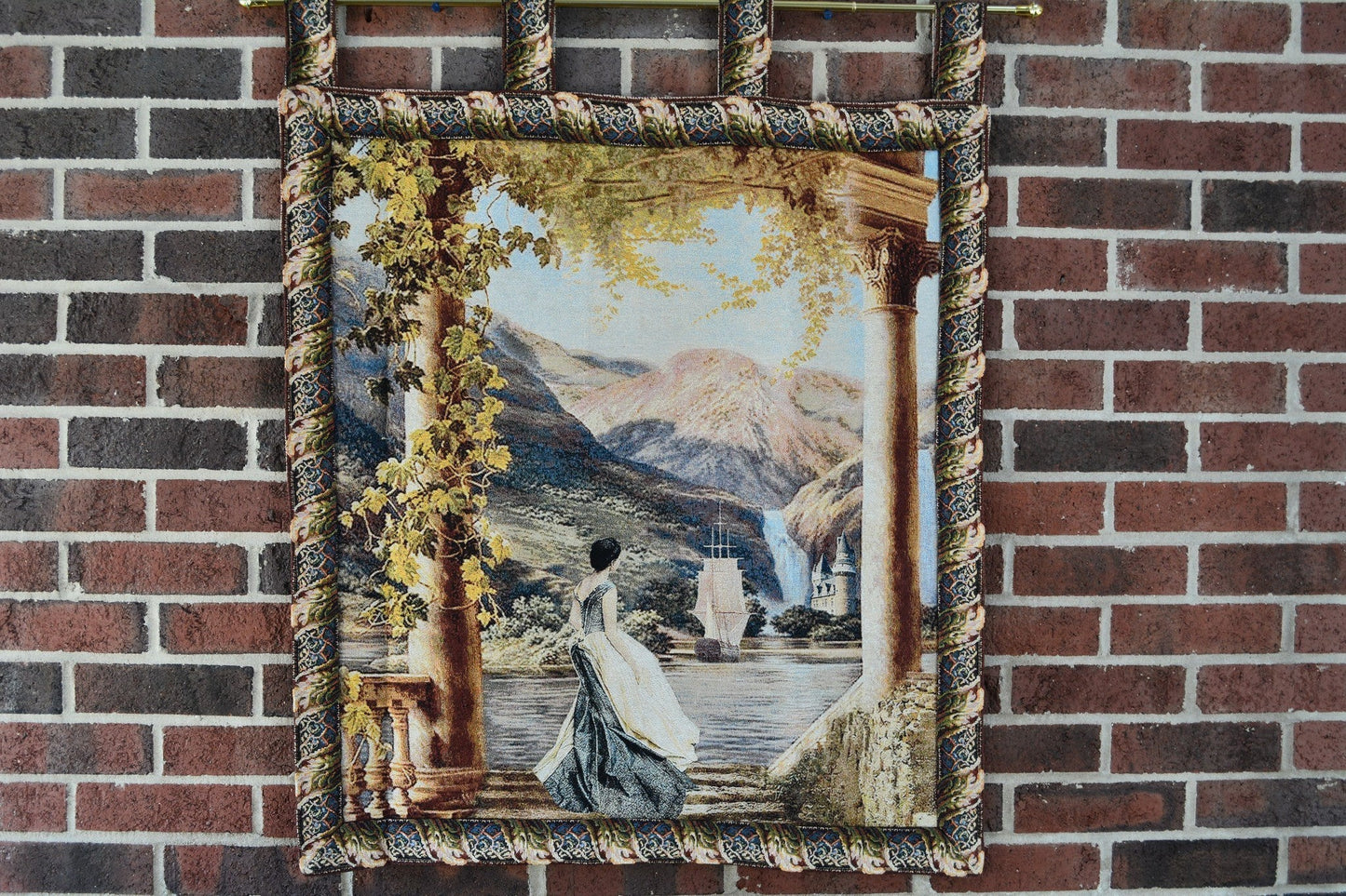 Coastal Mountain Range Textured Art 28x31 inches Wall Tapestry with Floral Border.-4