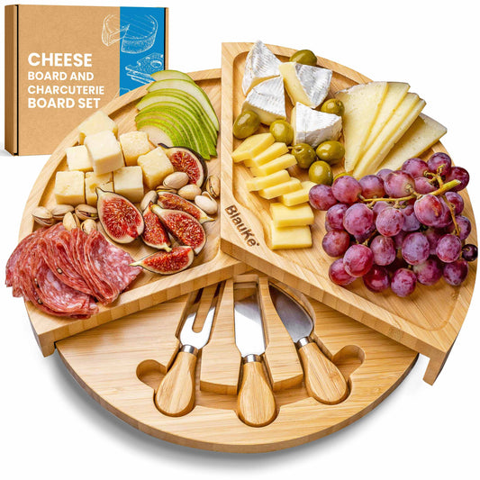 Bamboo Cheese Board Set - Swiveling 14 Inch Charcuterie Board with Slide-Out Drawer and Cheese Knives.-0
