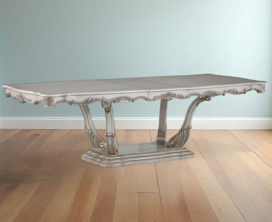 Off White Solid Wood Pedestal Base 44" Extended Dining Table