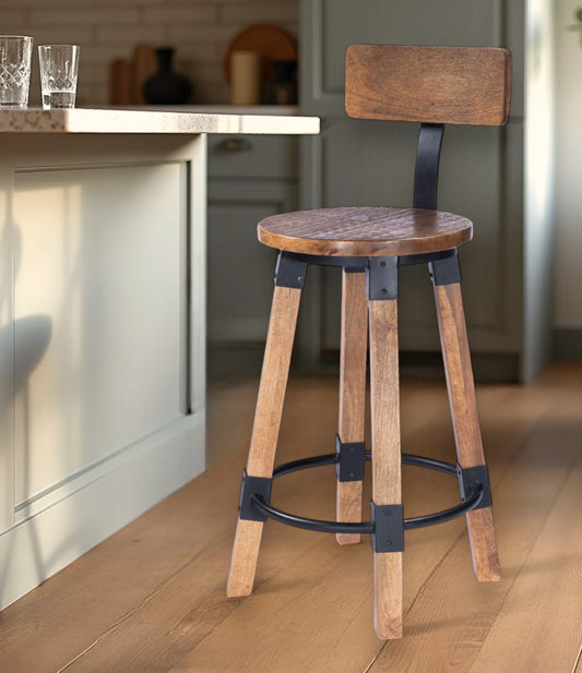 28 Brown Natural Solid Wood Iron Bar Stool Chair-0