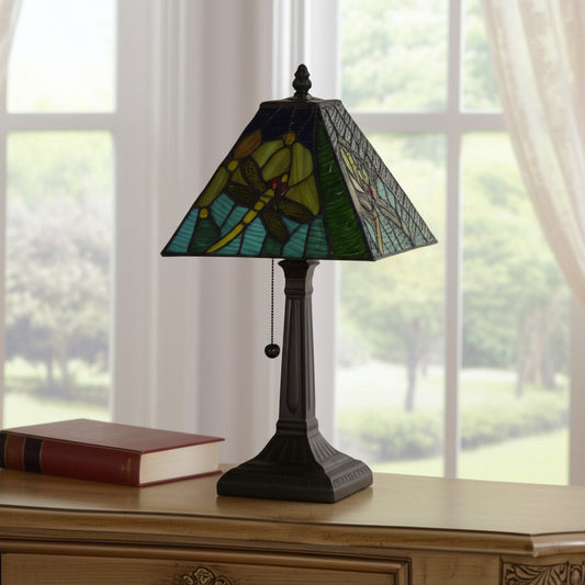 15" Dark Brown Metal Candlestick Table Lamp With Green Empire Shade-0