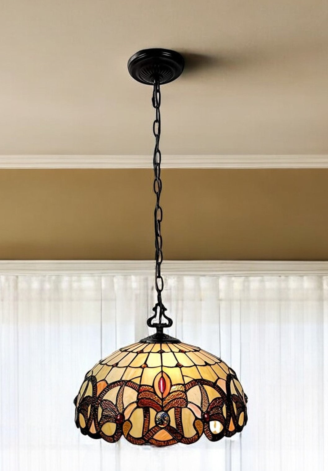 16" Tiffany Style Stained Glass Two Light Glass Dimmable Ceiling Light-1