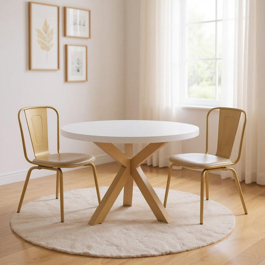 White Gold Cross Leg Metal Wood Round Top Dining Table 48 inches.