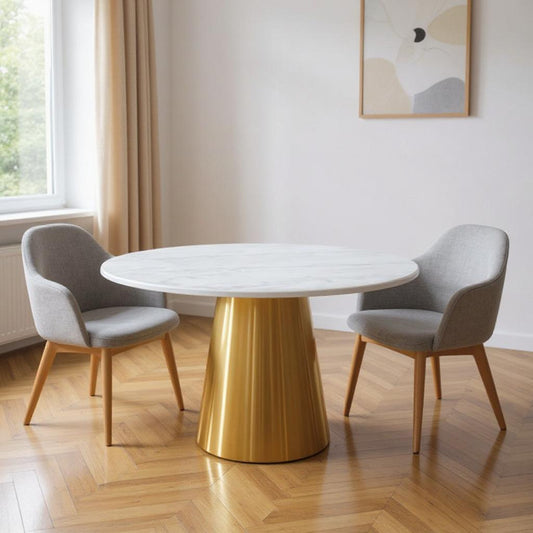 54" White Gray and Gold Marble And Metal Pedestal Base Round Top Dining Table-0