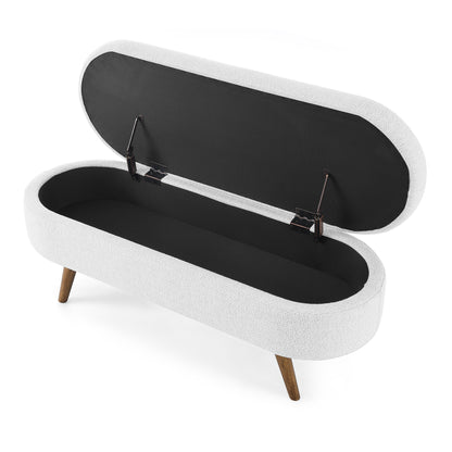 44 White Brown Linen Upholstered Storage Bench Flip Top