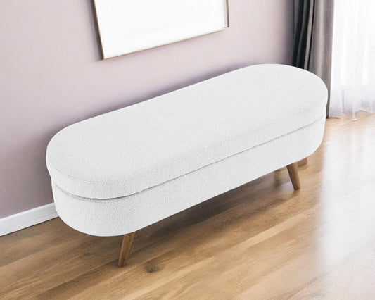 44 White Brown Linen Upholstered Storage Bench Flip Top
