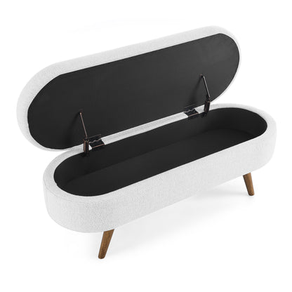 44 White Brown Linen Upholstered Storage Bench Flip Top