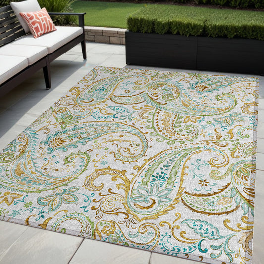 5' X 8' Ivory and Gold Paisley Washable Non Skid Indoor Outdoor Area Rug-0