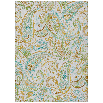 5' X 8' Ivory and Gold Paisley Washable Non Skid Indoor Outdoor Area Rug-1