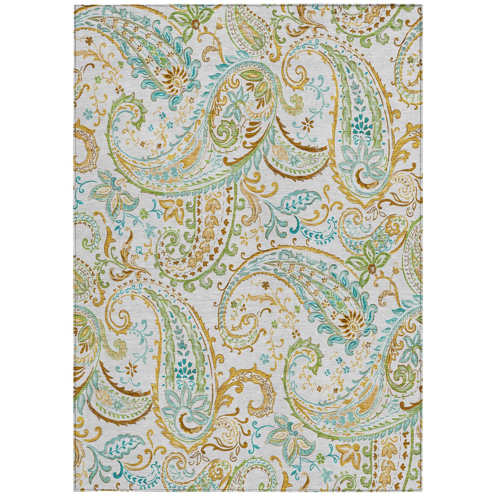 5' X 8' Ivory and Gold Paisley Washable Non Skid Indoor Outdoor Area Rug-3