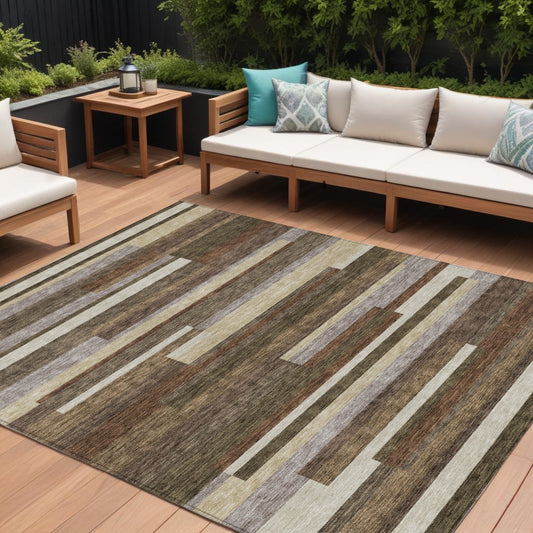 9x12ft Brown Beige Copper Striped Area Rug Indoors Outdoors Water Repellent Stain Resistant Non Slip