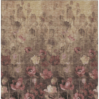 Taupe Brown Pink Floral Washable Indoor Outdoor Area Rug 9x12