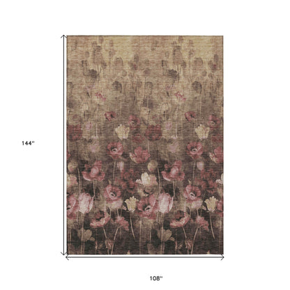 Taupe Brown Pink Floral Washable Indoor Outdoor Area Rug 9x12