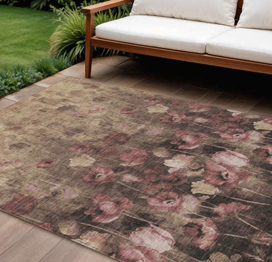 Taupe Brown Pink Floral Washable Indoor Outdoor Area Rug 9x12