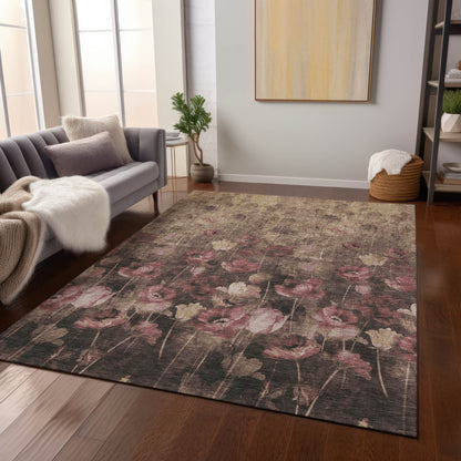 Taupe Brown Pink Floral Washable Indoor Outdoor Area Rug 9x12