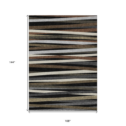 9x12ft Black Brown Ivory Striped Washable Indoor Outdoor Area Rug