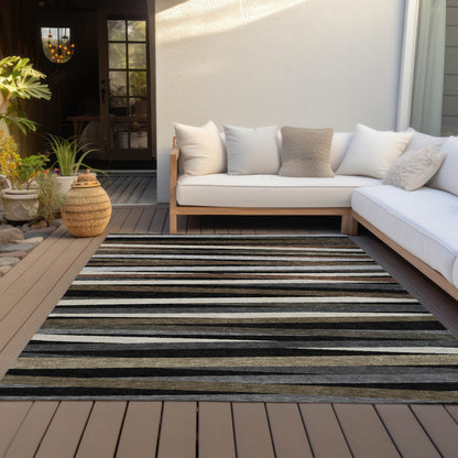9x12ft Black Brown Ivory Striped Washable Indoor Outdoor Area Rug